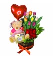 Box con Tulipanes, Rosas y Peluche